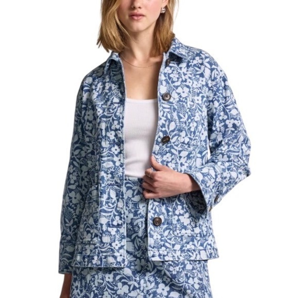 Old Navy Anna Sui Chore Jacket Womens M Blue Floral Cotton Twill Excellent Boho